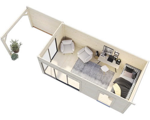 Draufsicht eines Gartenhauses mit Terrasse, Sitzgelegenheiten, Arbeitsplatz und Schlafbereich