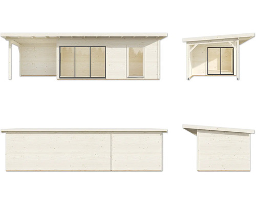 Mehrere Ansichten eines Gartenhauses aus Holz mit Schiebetür