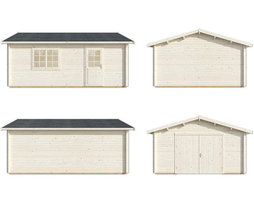 Holzgartenhaus mit Fenster und Tür in verschiedenen Ansichten