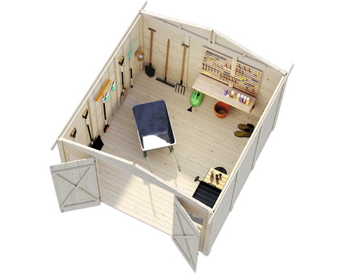 Innenansicht eines Gartenhauses mit Werkzeugen, Schubkarre und Gartengeräten