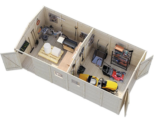 Innenansicht eines Gartenhauses mit Gartengeräten und Werkzeugen