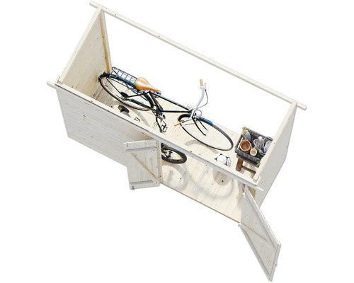 Holzgartenhaus mit Fahrrad und Aufbewahrungsbox