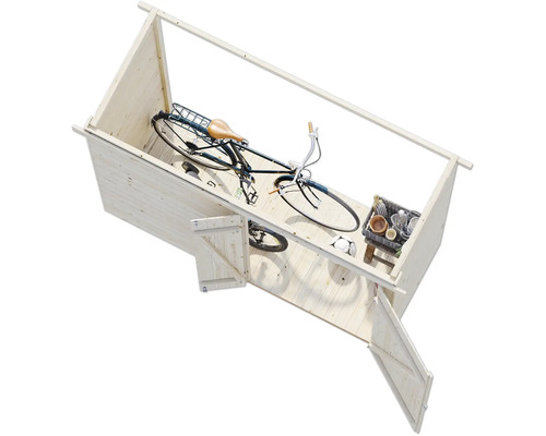 Holzgartenhaus mit Fahrrad und Gartengeräten