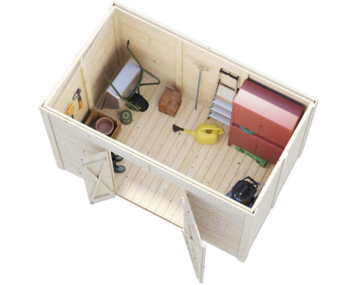 Holzgartenhaus mit Gartengeräten und Werkzeugen von oben gesehen