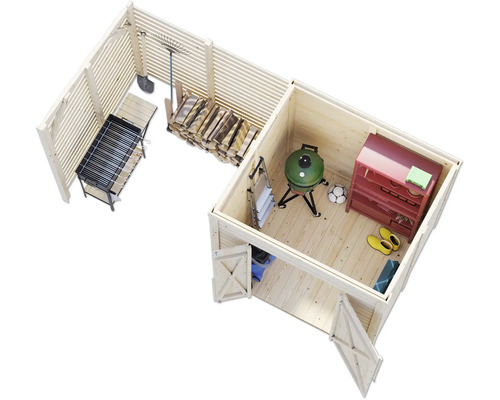 Gartenhaus mit Grill, Brennholz, Werkzeugen, Schuhen und Möbeln aus Holz