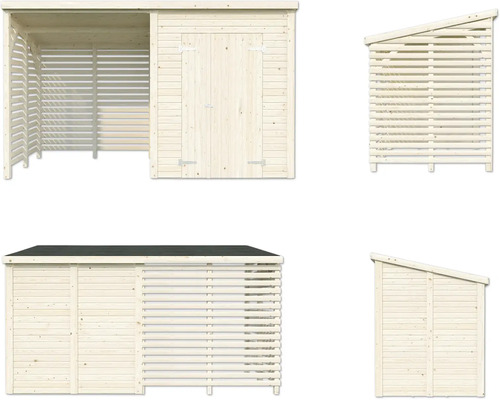 Abbildungen einer Holzgartenlaube mit Gerätehaus und Holzlager