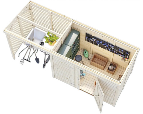 Draufsicht eines Holzgartenschuppens mit Gartengeräten wie Schubkarre, Spaten und Rechen sowie Regalen und Werkzeugwand