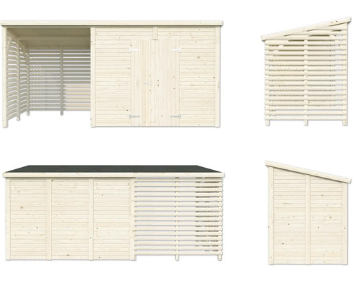 Gartenhaus mit Geräteschuppen in verschiedenen Ansichten