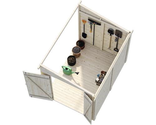 Gartenschuppen mit Gartengeräten und Pflanzgefäßen