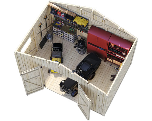 Innenansicht eines Gartenhauses mit Regalen, Werkzeugen, Rasenmäher und Gartengeräten.