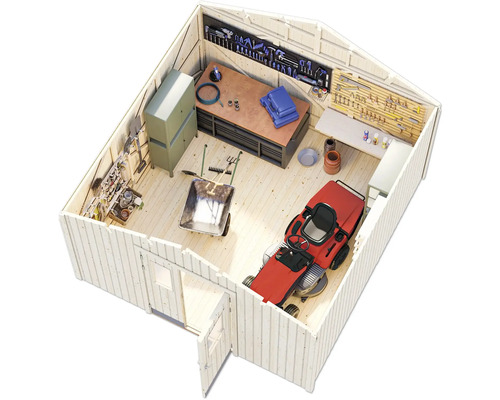 Holzgartenhaus mit Werkbank, Rasenmäher, Schubkarre und Werkzeugen