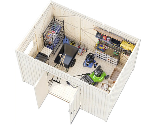 Ein Gartenhaus mit Gartengeräten und Werkzeugen für die Gartenarbeit