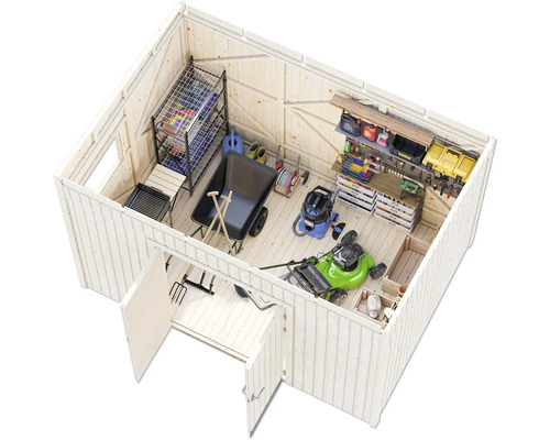 Holzgartenhaus mit Gartengeräten und Werkzeugen