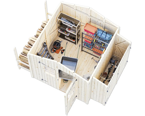 Draufsicht eines hellen Gerätehauses aus Holz mit verschiedenen Gartengeräten, Regalen und Werkzeugen.