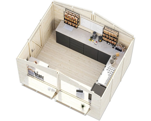 Holzgartenhaus mit Verkaufstheke, Innenausstattung und Verkaufswaren