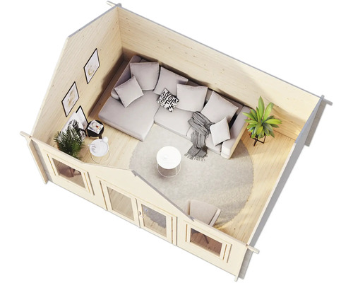 Innenansicht eines Gartenhauses mit Sofa und Dekoration