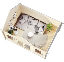 Holzgartenhaus mit Wohnbereich, Sofa, Tisch, Teppich und Dekoration