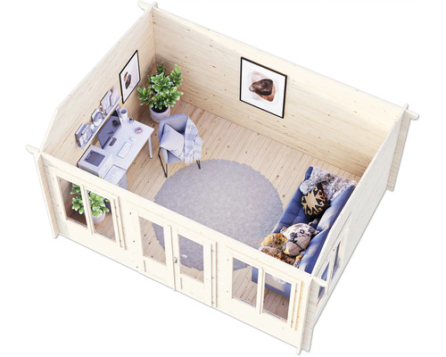Holzgartenhaus mit Büromöbeln und Sofa