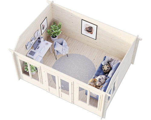 Innenansicht eines hellen Holz Gartenhauses mit Büromöbeln und Sofa