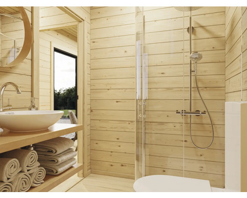 Badezimmer mit Dusche, Waschbecken und Holzverkleidung