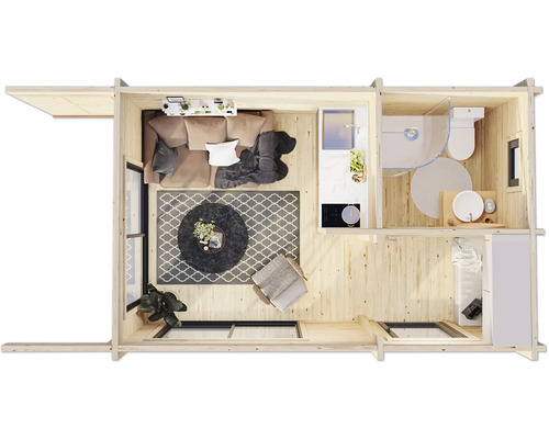 Draufsicht eines Blockhauses mit Wohnbereich, Küchenzeile und Bad