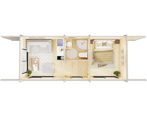 Grundriss eines Holzhauses mit Wohnzimmer, Bad und Schlafzimmer