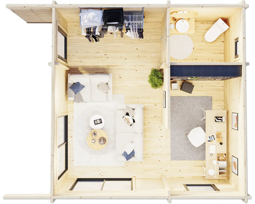 Draufsicht eines Holzhauses mit Wohnbereich, Bad und Arbeitszimmer