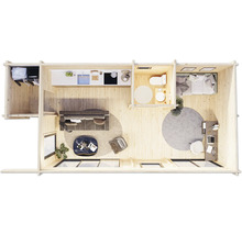 Grundriss eines Holzhauses mit Wohnzimmer, Küche, Bad und Schlafzimmer