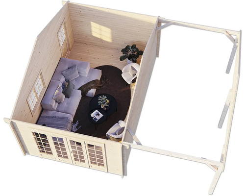 Innenansicht eines Holzgartenhauses mit Sofa, Sesseln und Tisch