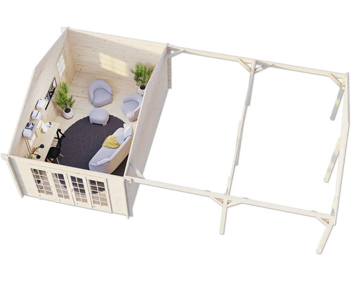 Illustration eines Holzgartenhauses mit Bürobereich und Lounge-Bereich