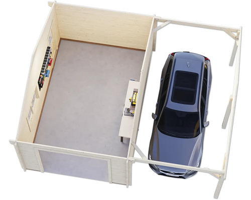 Draufsicht einer Holzgarage mit Auto und Werkbank