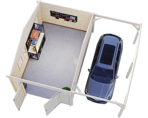 Innenansicht einer Garage mit Werkbank, Werkzeugwand und geparktem Auto.