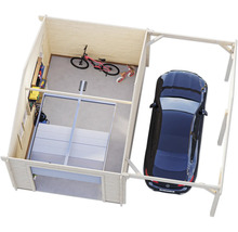 Draufsicht auf eine helle Garage mit Auto, Fahrrad und Spielzeug