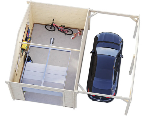 Draufsicht auf eine helle Garage mit Auto, Fahrrad und Spielzeug