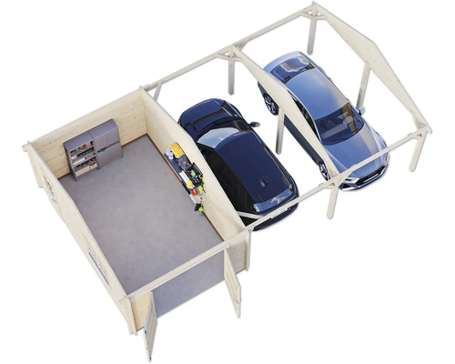 Doppelcarport mit Geräteraum aus Holz mit zwei Autos, Regal und Werkbank
