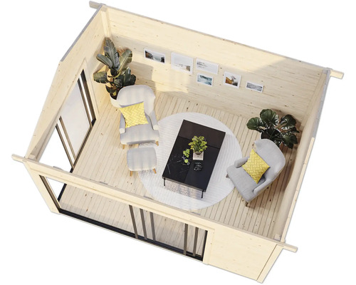 Innenraumansicht eines Holzhauses mit Möbeln, Pflanzen und Dekoration