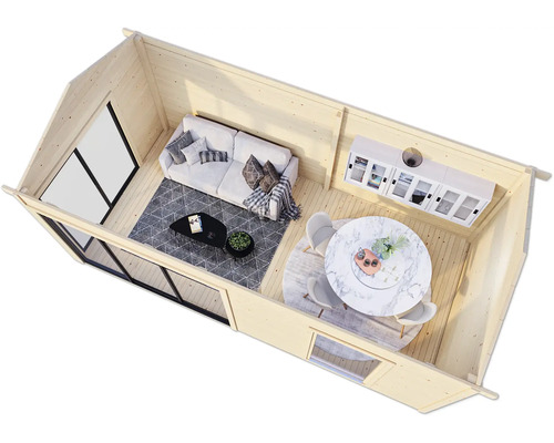 Innenansicht eines Gartenhauses mit Wohnbereich, Esstisch und Fenstern.