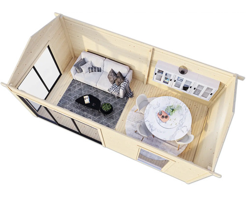 Innenansicht eines Holzhauses mit Wohnzimmer und Essbereich