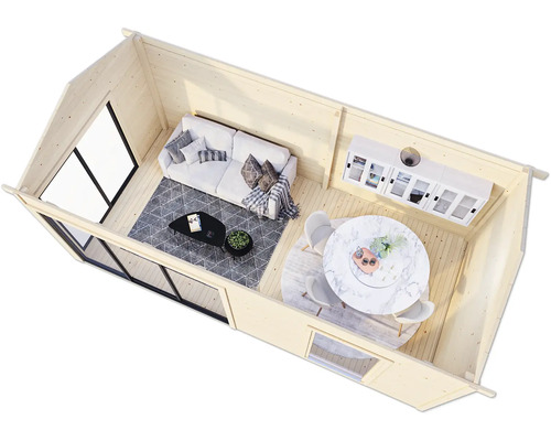 Innenansicht eines Holzhauses mit Wohnbereich und Essbereich