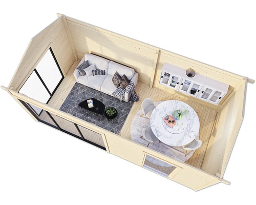 Innenansicht eines Holzhauses mit Wohnbereich und Essbereich