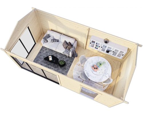 Innenansicht eines Gartenhauses mit Wohnbereich und Essbereich.