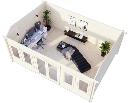 Innenansicht eines hellen Gartenhauses mit Arbeitsplatz und Loungeecke