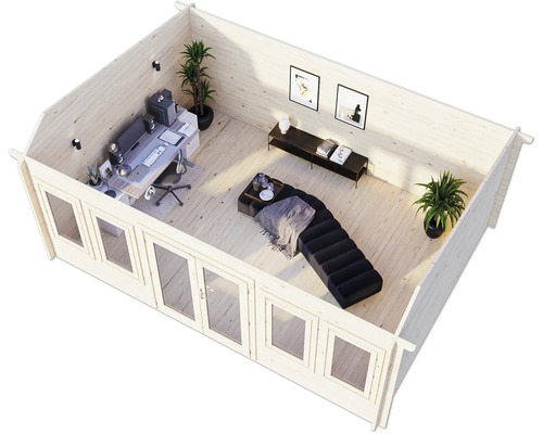 Innenansicht eines Holzhauses mit Bürobereich und Loungeecke