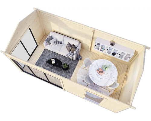 Innenansicht eines Holzhauses mit Wohn- und Essbereich