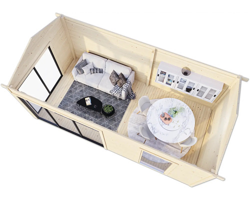 Innenansicht eines Holzhauses mit Wohnbereich und Essbereich