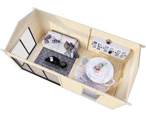 Innenansicht eines Holzhauses mit Wohnbereich und Essbereich