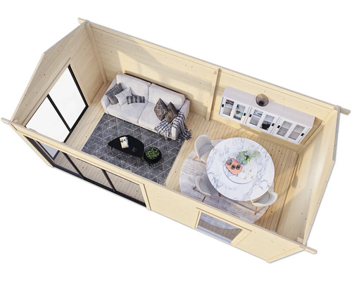 Innenansicht eines Holzhauses mit Wohn- und Essbereich