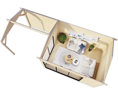 Grundriss eines hellen Gartenhauses mit Fenstern und Inneneinrichtung