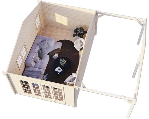 Innenansicht eines Gartenhauses mit Möbeln, Fenstern und Türen