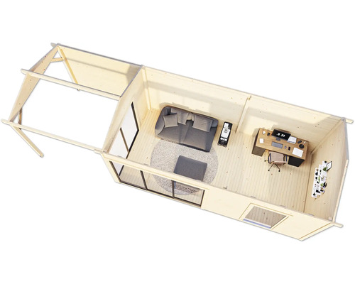 Innenansicht eines Holzhauses mit Wohnbereich und Arbeitsbereich